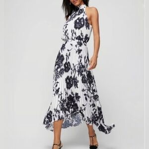 WHBM Pleated Halter Midi Dress Black/White Floral Size 8